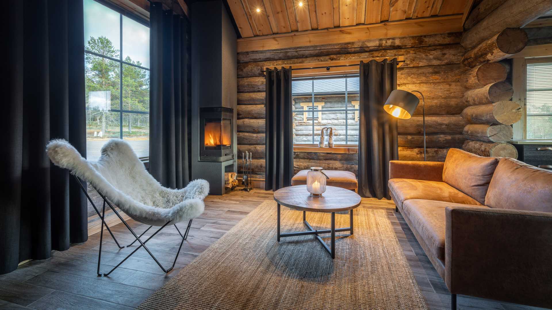 Finland, Finske Lapland, Moutka Wilderness Hotel, Log Cabin, Stue, Hygge
