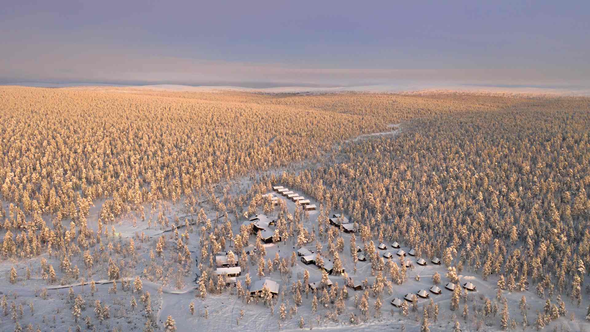 Finland, Finske Lapland, Moutka Wilderness Hotel, Efter&aring;r, Snelandskab, Tusm&oslash;rke