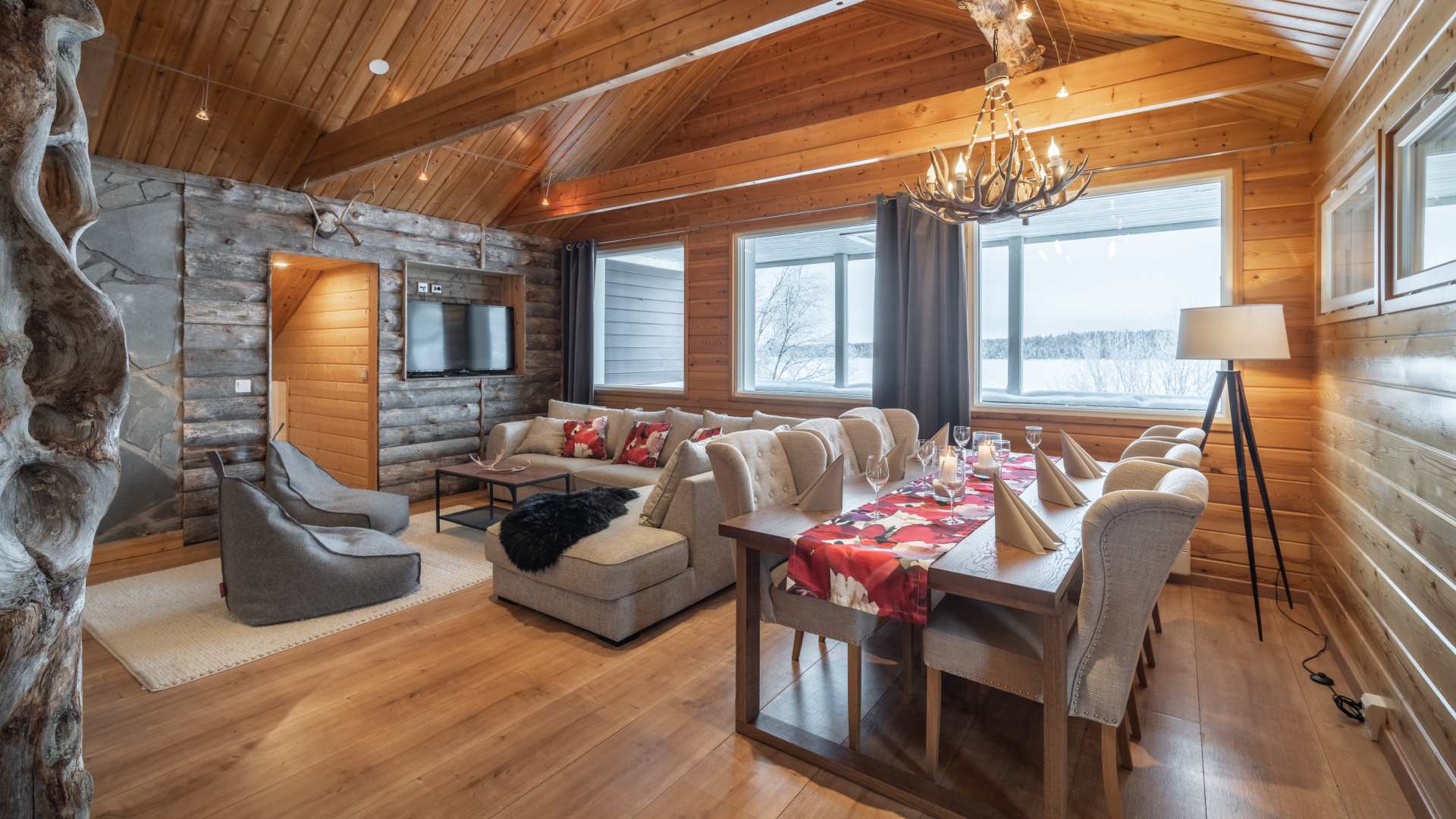 Finland, Finske Lapland, Nellim Wilderness Hotel, Aurora Lakeside Villa, Stue, Vinter, Sne