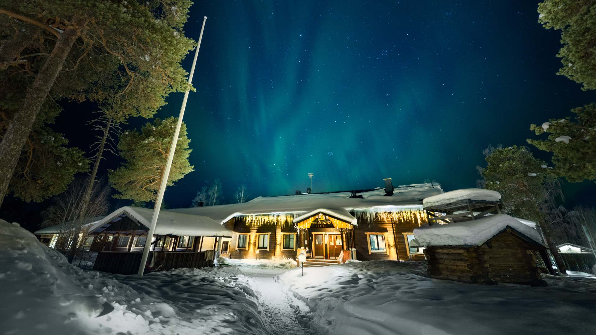 Finland, Finske Lapland, Nellim Wilderness Hotel, Nordlys, Vinter, Snekl&aelig;dt, Indgang