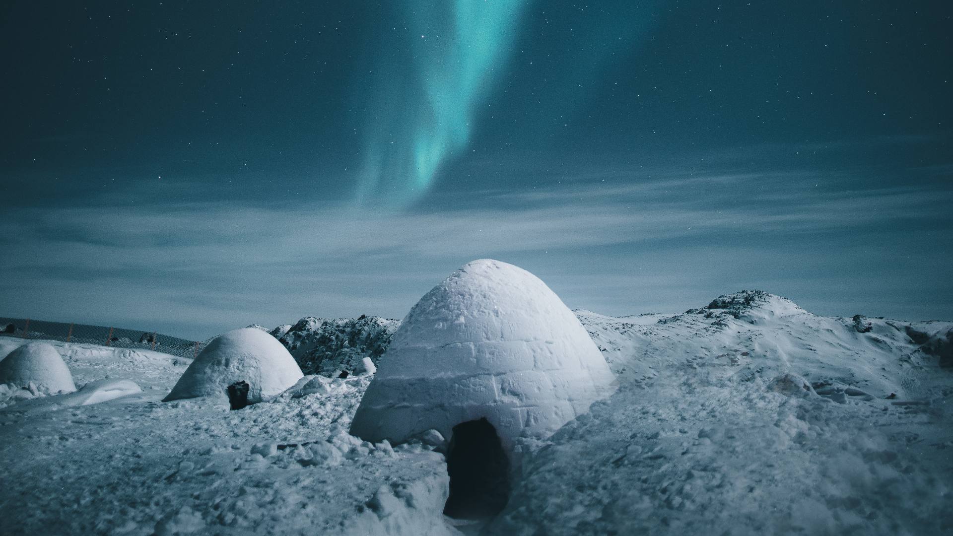 Grønland Igloo Lodge llulissat, Diskobugten, Vinter, Snelandskab, Igloer