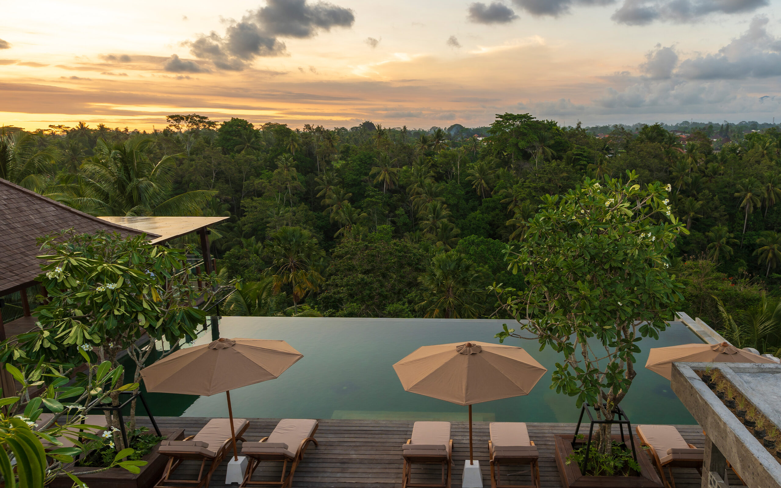 Indonesien Bali Ubud Adiwana Bisma, Rooftop Pool, Evening View