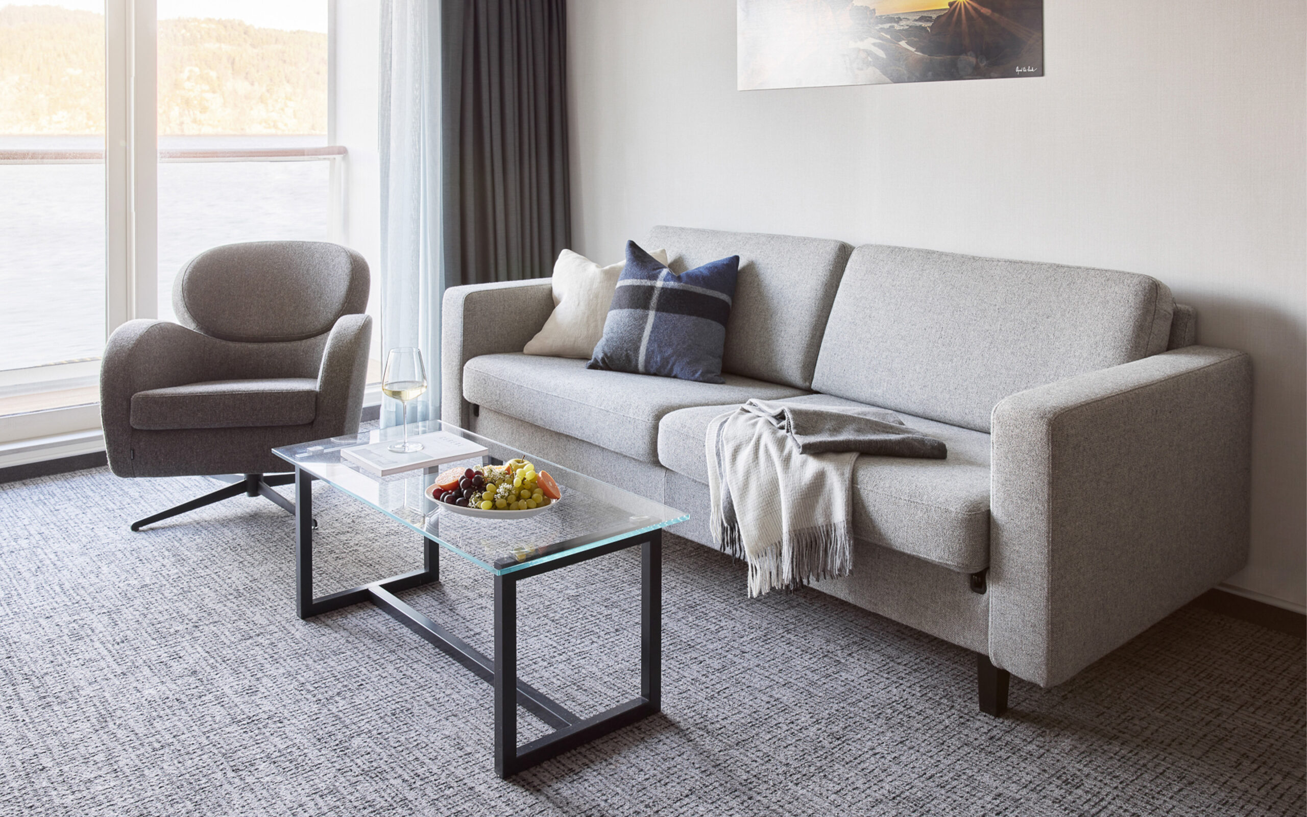 Norge Havila Kystruten Balcony Deluxe Cabin Sofa Area