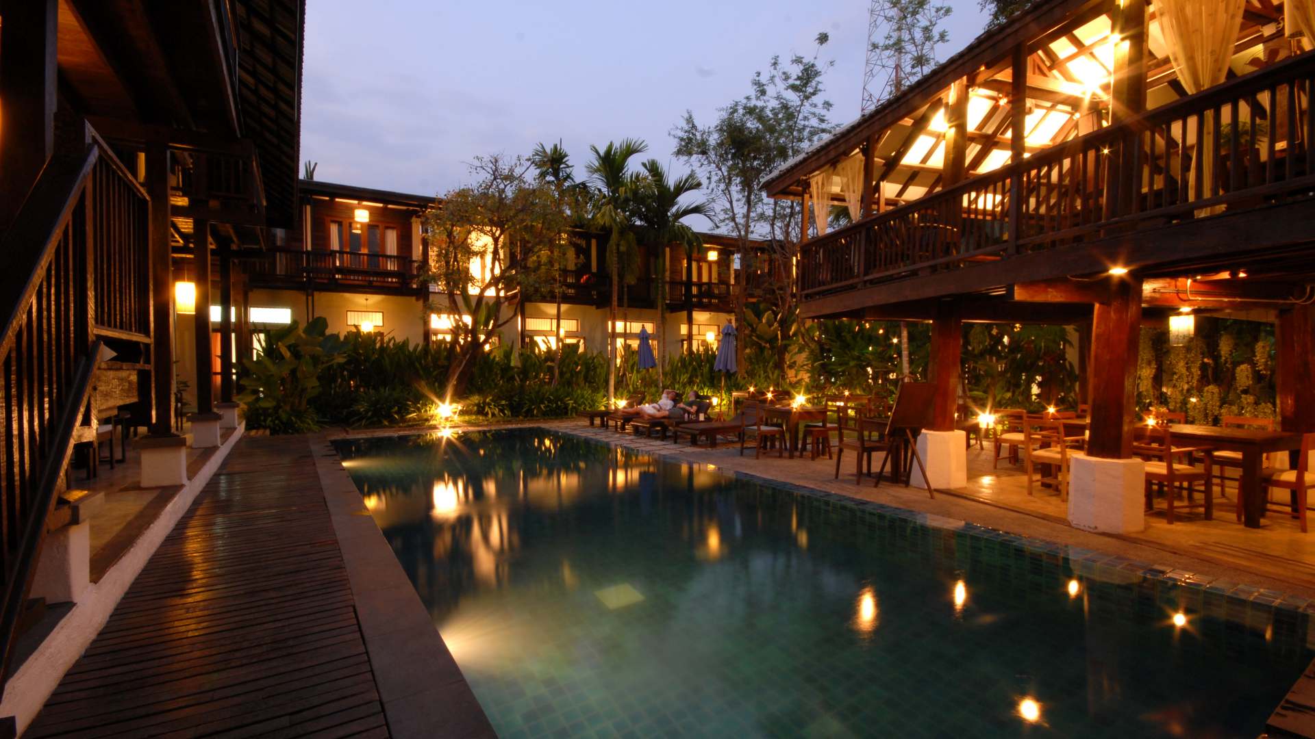 Thailand, Chiang Mai, Banthai Village, Pool Evening