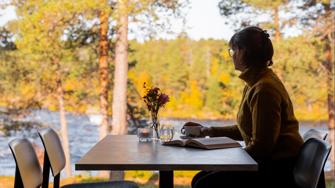 finland inari juutua wildernes view fromrestaurant autumn lady hotel